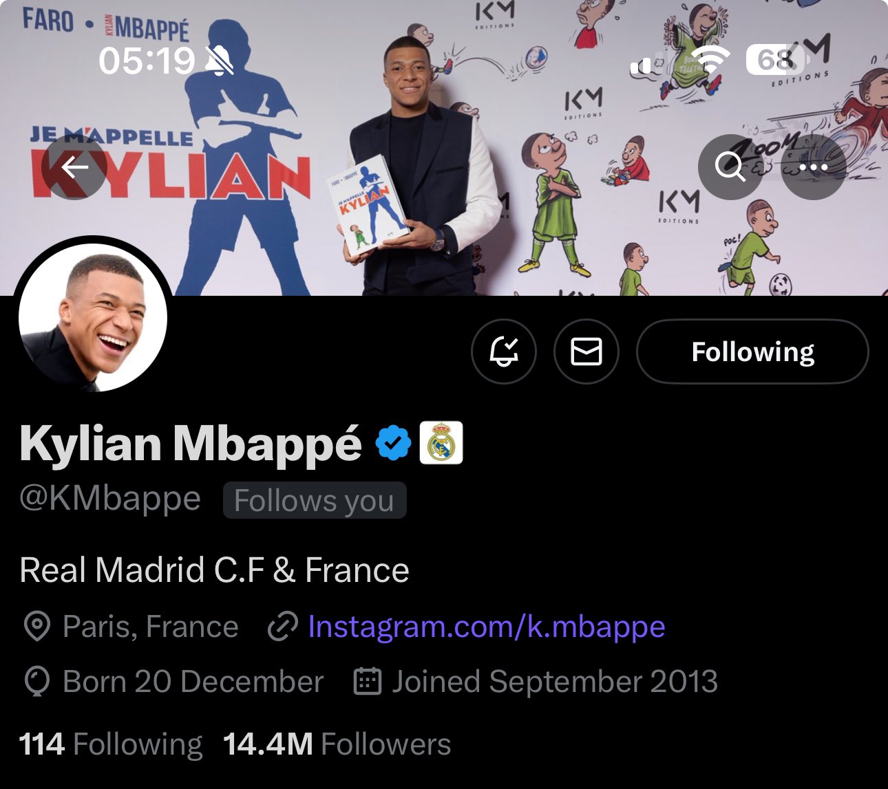 Kylian Mbappe's account in X