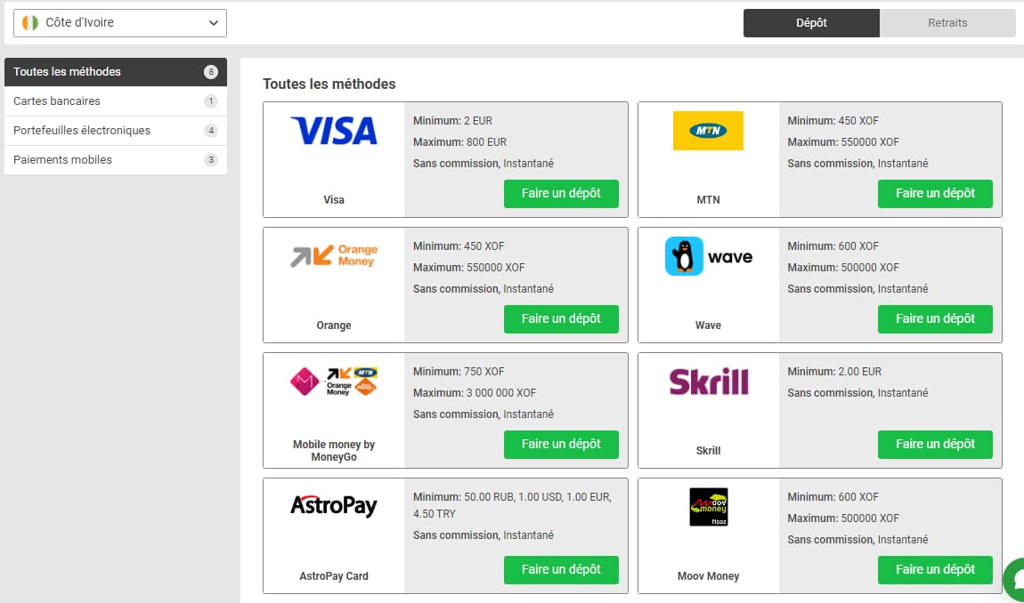 Sélectionnez un système de paiement pour recharger votre compte