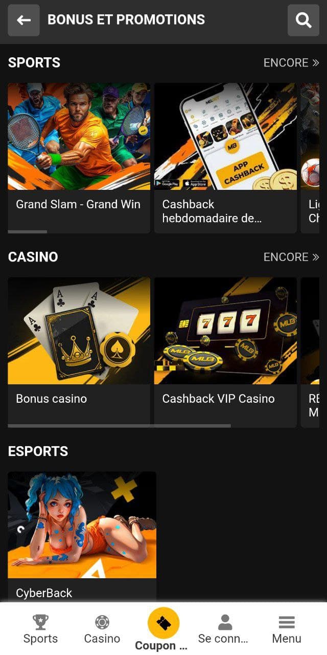 Tous les bonus dans l'application mobile Melbet