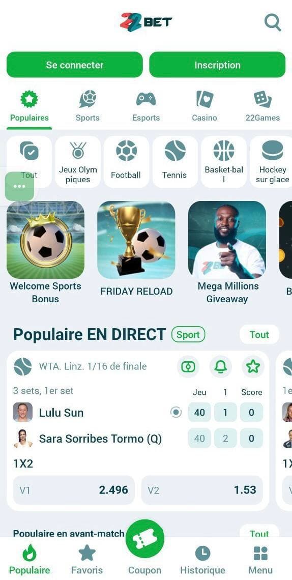 A quoi ressemble l'application mobile 22bet