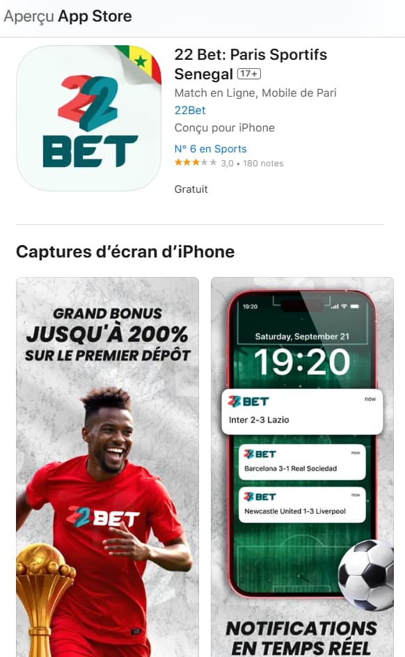 L'application mobile 22bet dans l’App Store
