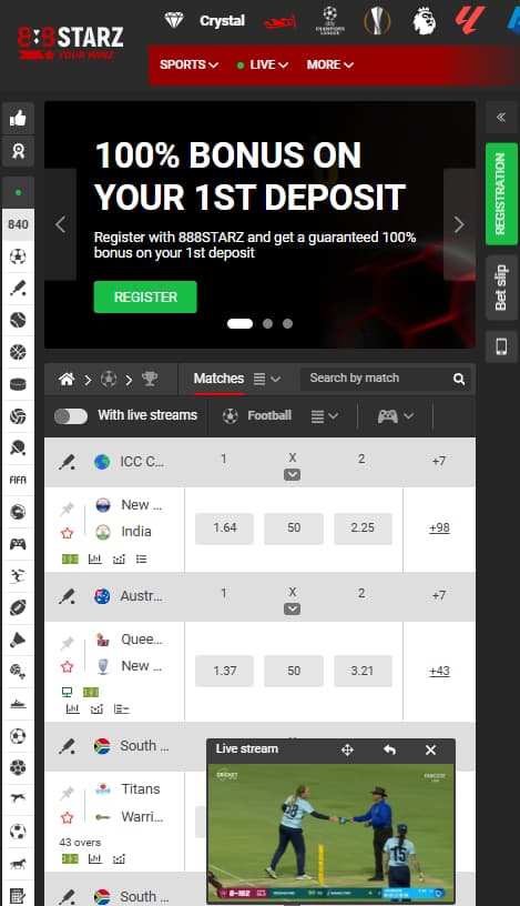 Interfejs aplikacji 888starz z widocznym lobby gier i przyciskiem depozytu