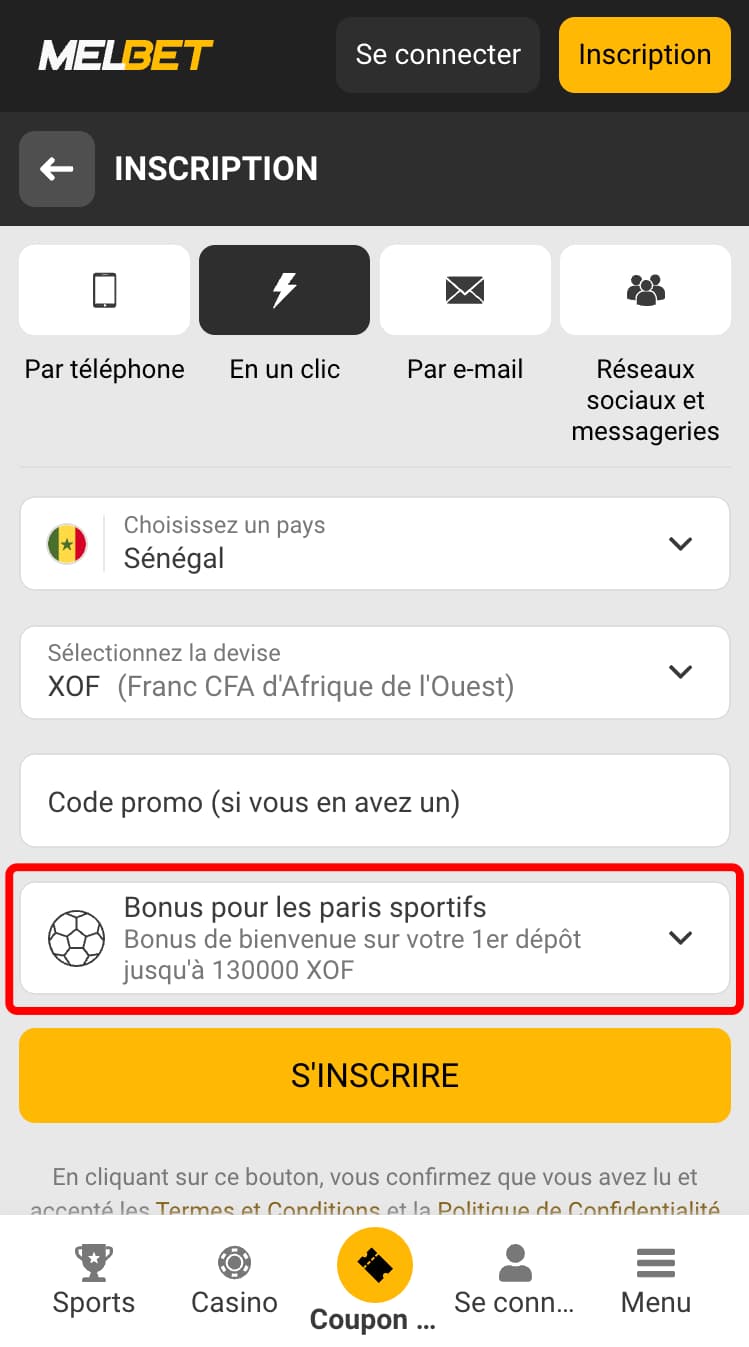 Bonus de bienvenue lors de l'inscription