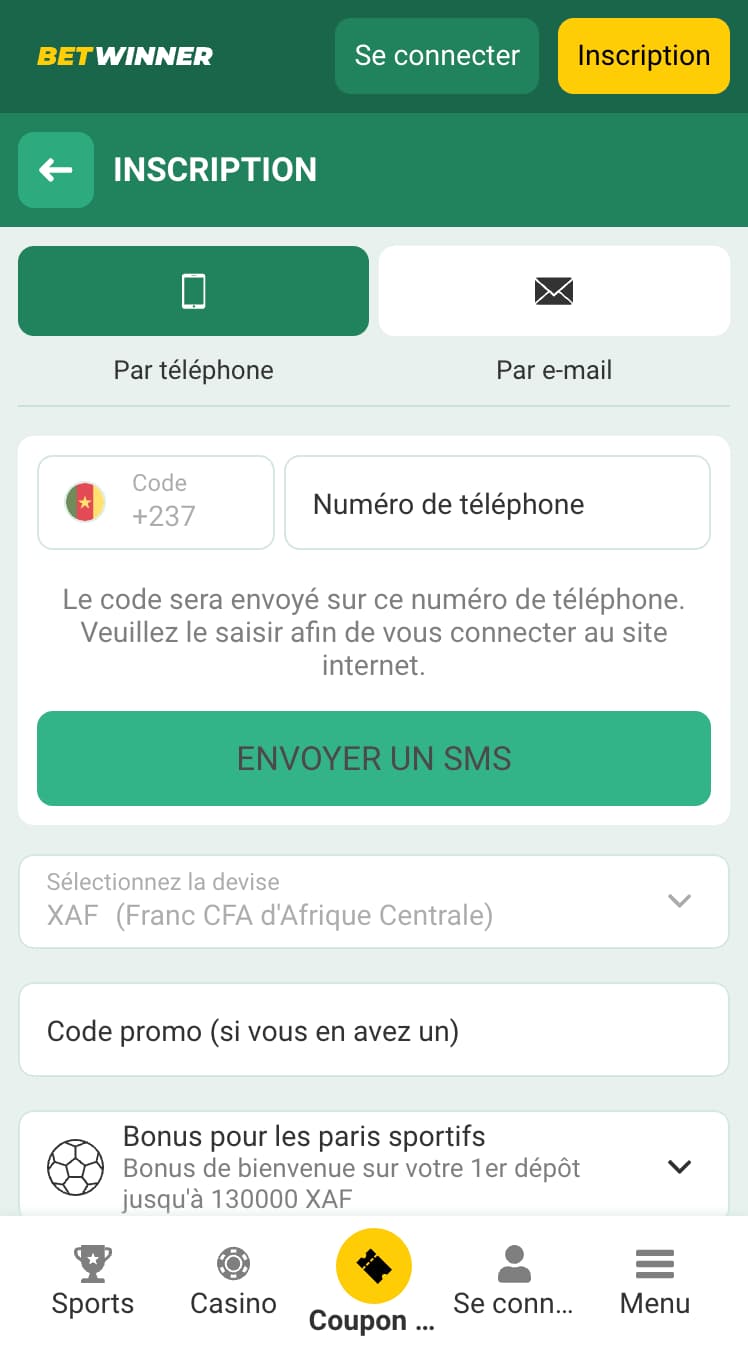 S'inscrire sur Betwinner