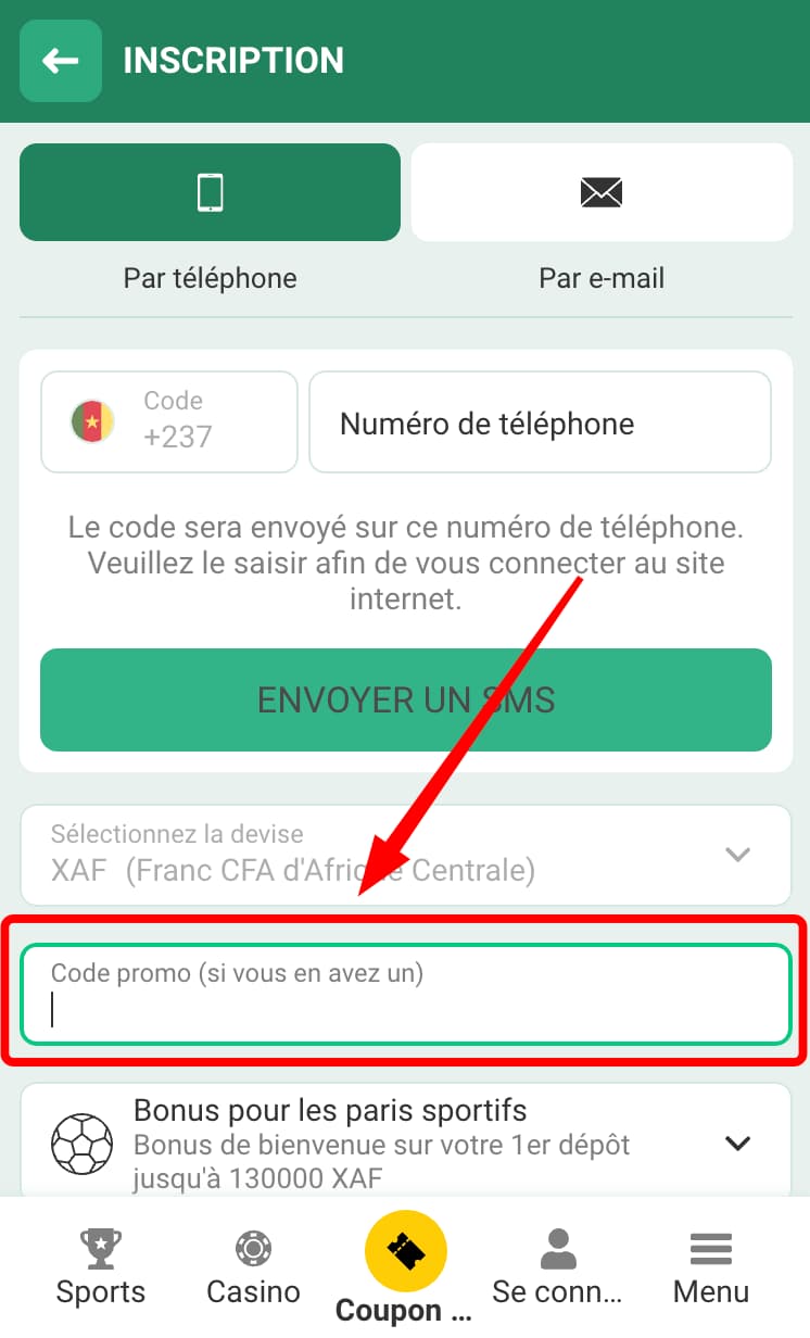 Saisir le code promo lors de l'inscription