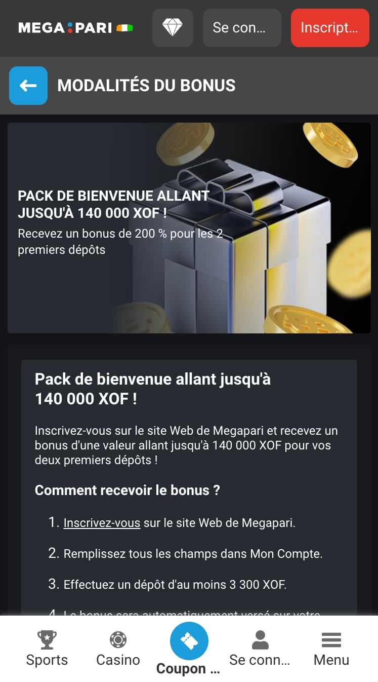 Bonus de bienvenue Megapari