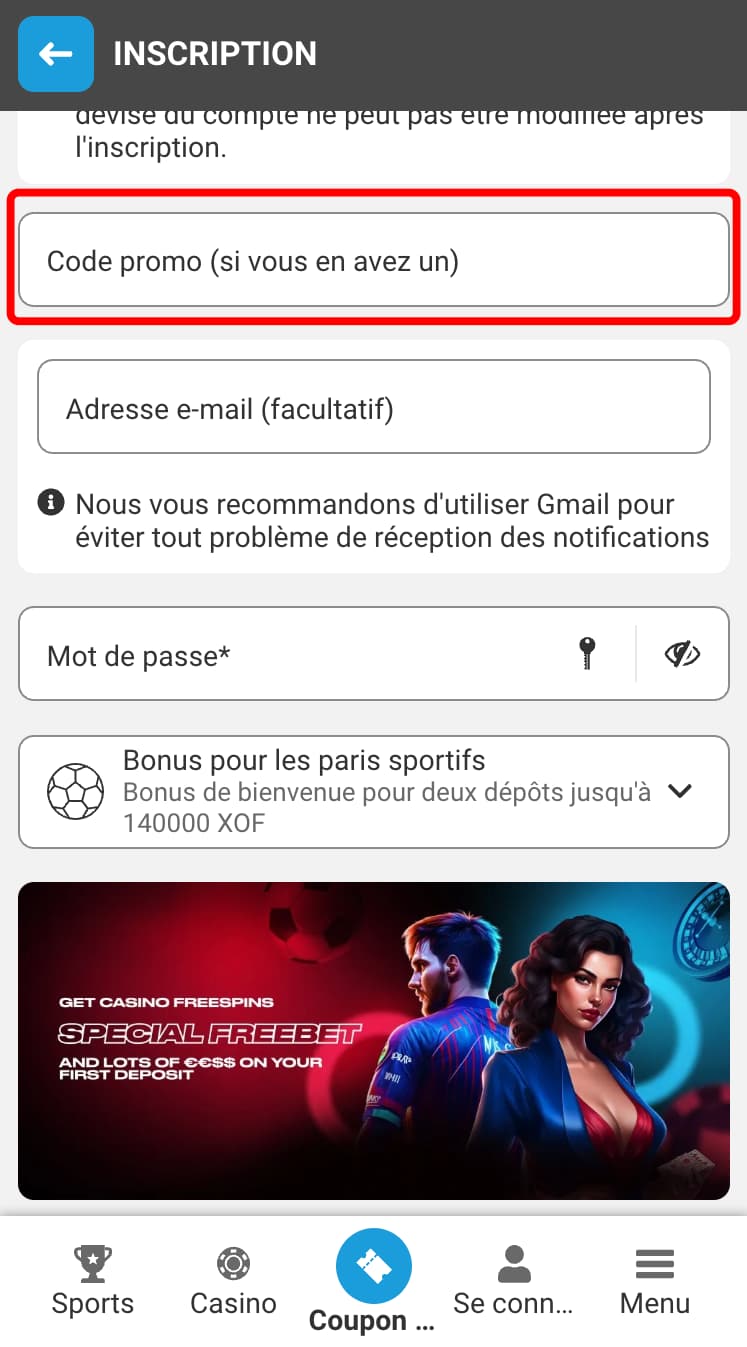 Saisir le code promo Megapari lors de l'inscription