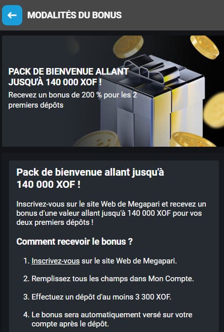 Megapari welcome bonus