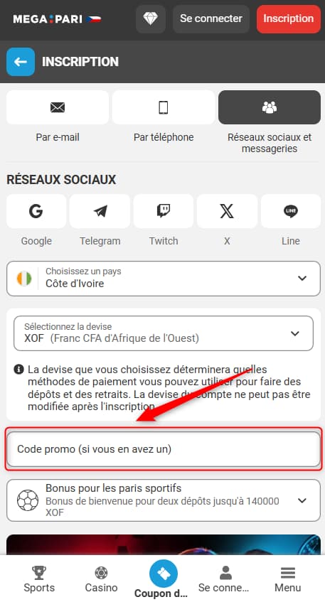 How to register at Megapari with a promo code