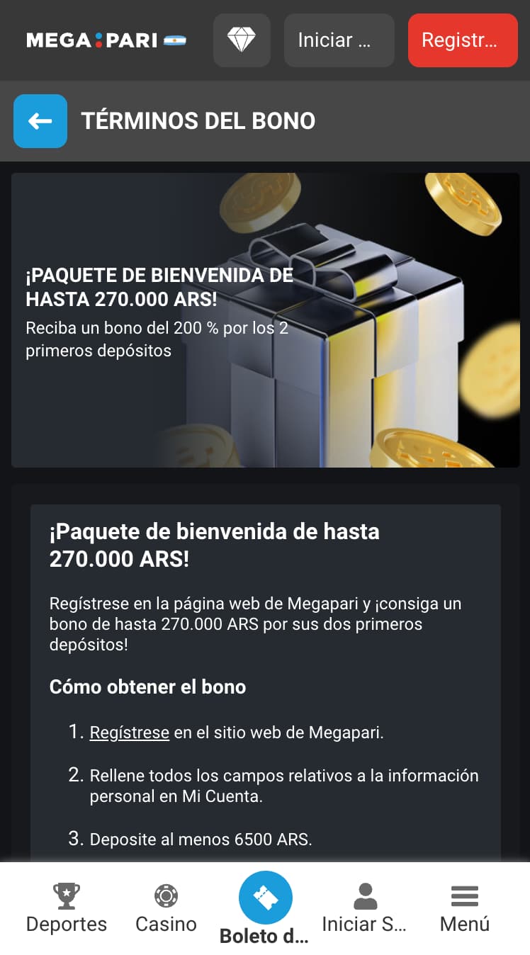 Bono de bienvenida en Megapari