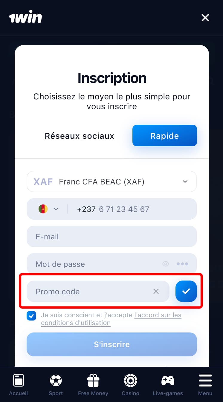 Inscription avec un code promo