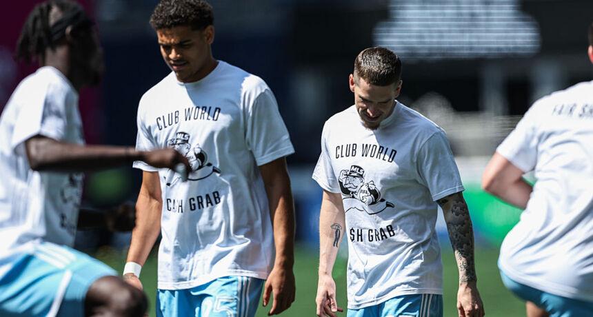 "Club World Cash Grab". Seattle Sounders took the field for MLS warm-up in protest shirts