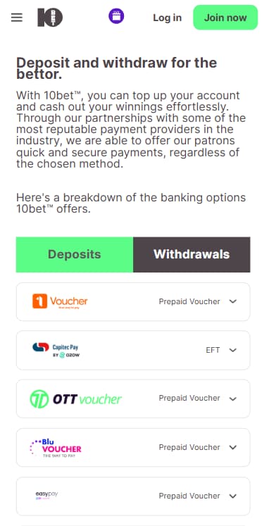 Payment Methods at 10Bet South Africa