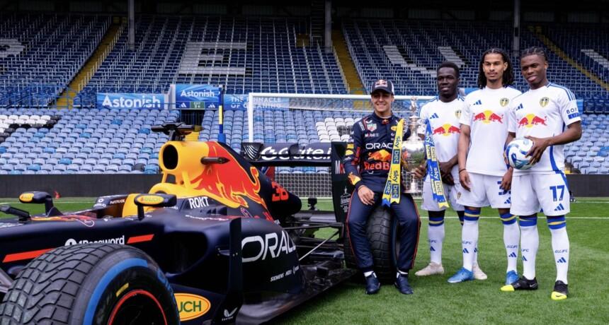 Incredible collaboration. Leeds players race against a Formula 1 car