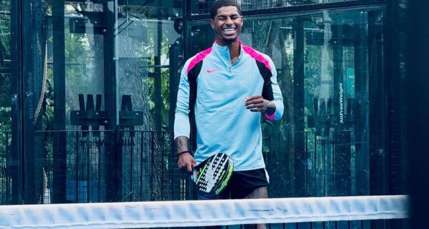 Having a good time. Marcus Rashford plays padel tennis while on holiday