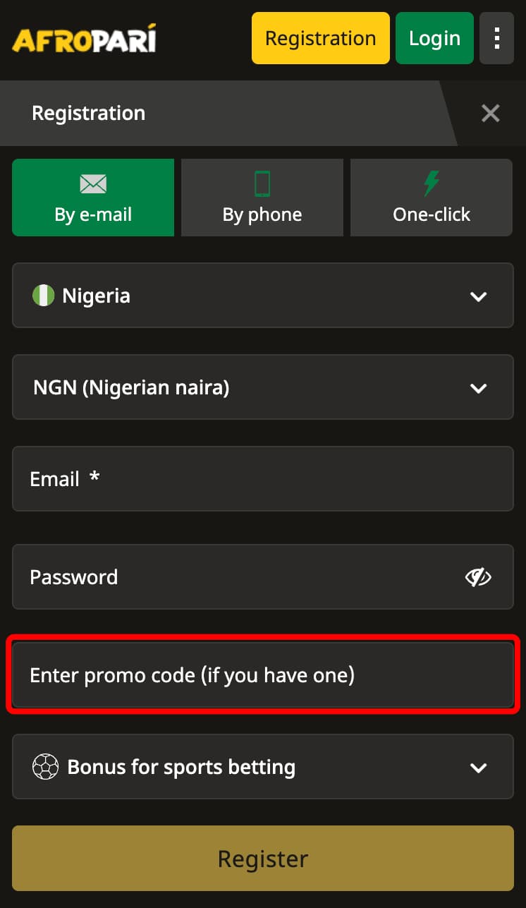 Registration on Afropari using a promo code