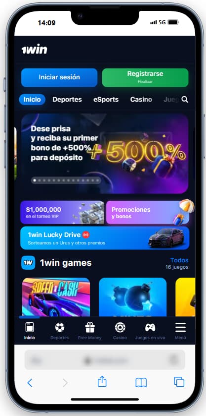 Interfaz de la aplicación móvil 1win