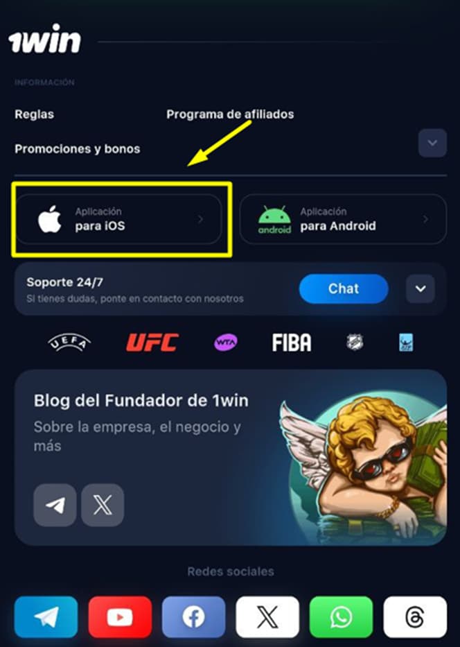 Busca el botón de descarga para iOS que verás en la web de 1win y púlsalo
