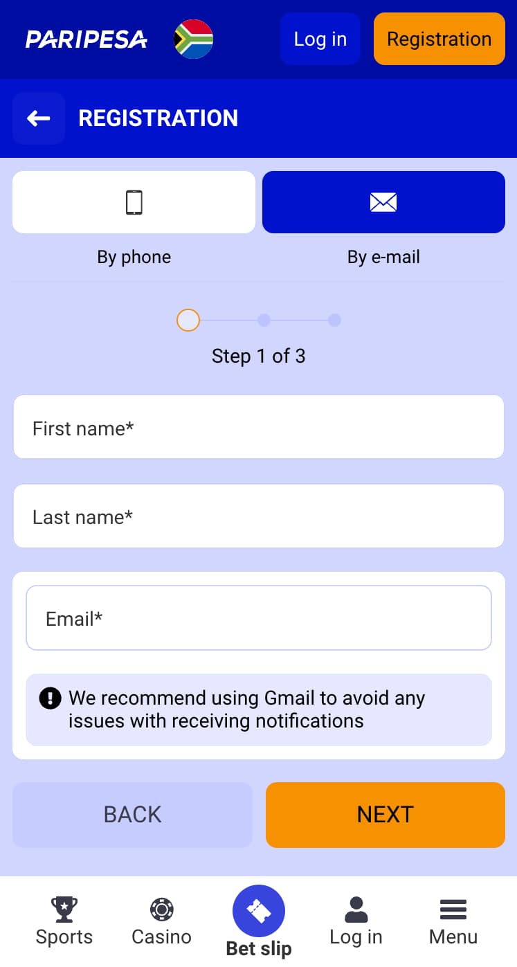Registration process on Paripesa 