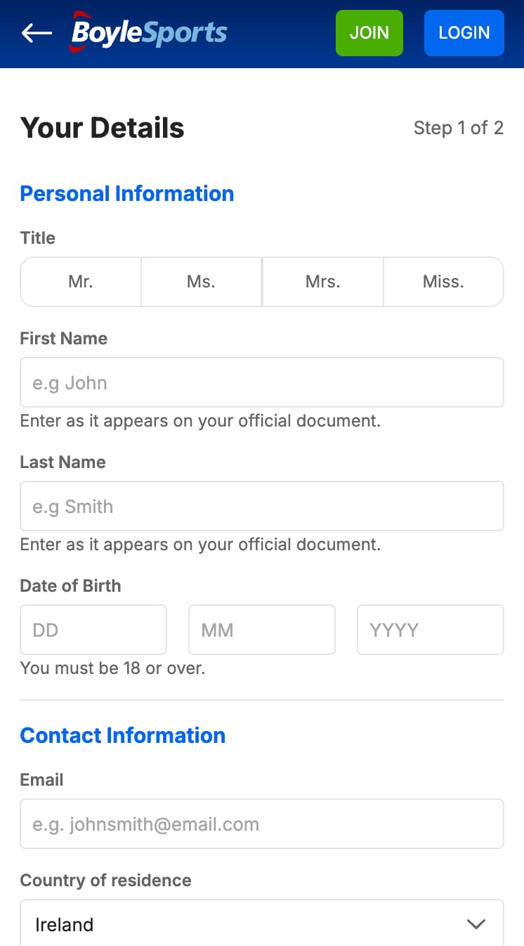 Registration process at BoyleSports