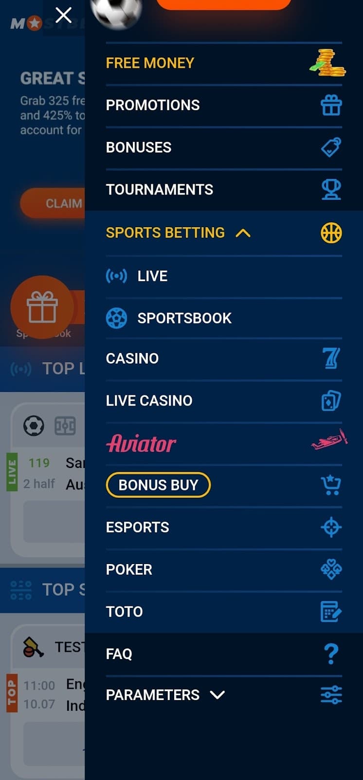 Tap the menu and select “Aviator” from the list of options