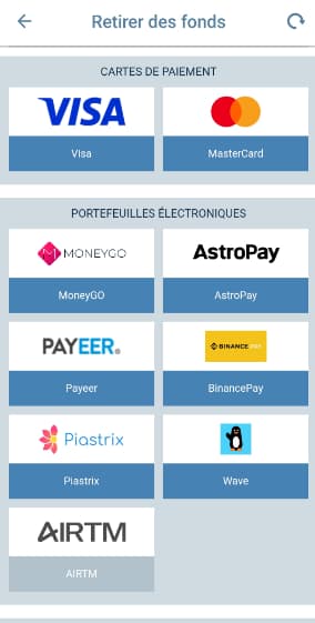 Sélectionnez un moyen de retrait et indiquez les informations requises