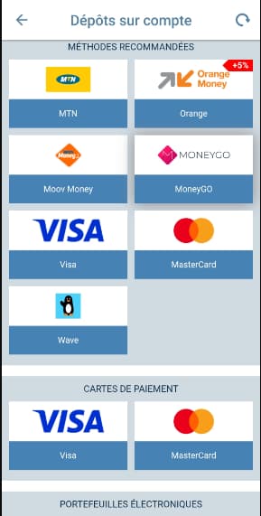 Sélectionnez un mode de paiement dans la liste fournie.