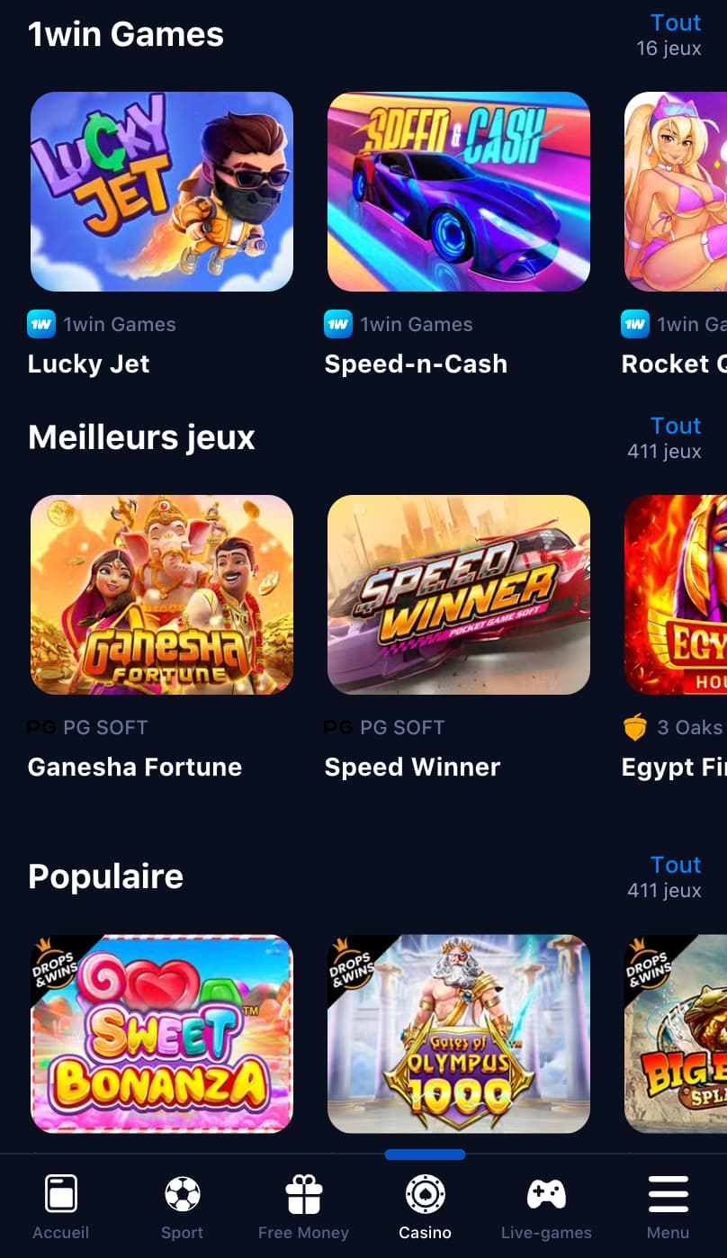 Jeux de casino dans 1win mobile