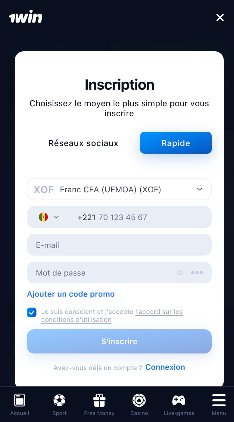 Formulaire d'inscription 1win 