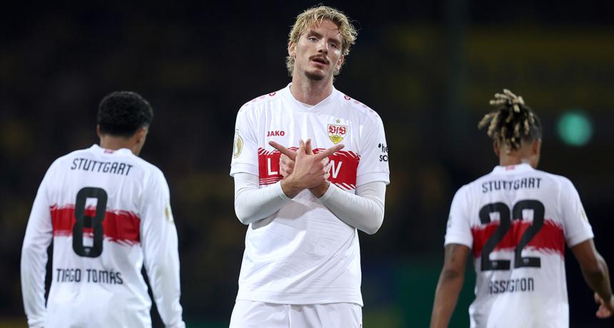 Nick Waltemade celebrates after scoring a goal for Stuttgart