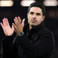 Mikel Arteta, Manager of Arsenal, applauds the fans after the Premier League match
