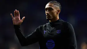 Raphael Dias 'Raphinha' of FC Barcelona reacts prior to the LaLiga EA Sports match