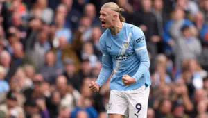 Erling Haaland of Manchester City celebrates scoring his team's first goal during the Premier League match