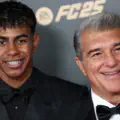 Lamine Yamal of Spain and FC Barcelona and Joan Laporta attend the 68th Ballon D'Or Photocall