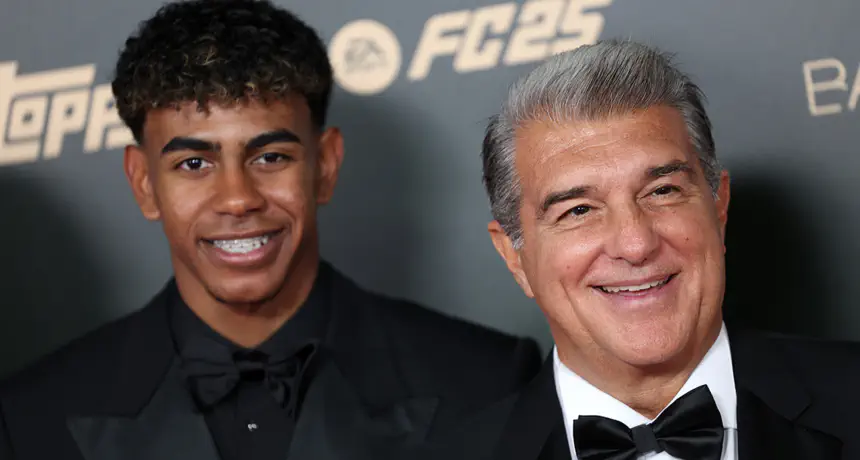 Lamine Yamal of Spain and FC Barcelona and Joan Laporta attend the 68th Ballon D'Or Photocall