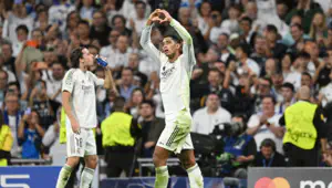 Jude Bellingham of Real Madrid celebrates scoring his team's first goal during the UEFA Champions League 2025/26