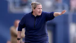 Head coach Laura Harvey of OL Reign reacts during the first half against the Portland Thorns FC