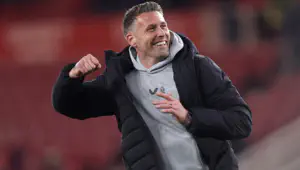 Rob Edwards, Manager of Middlesbrough, celebrates victory at the end of the Sky Bet Championship match