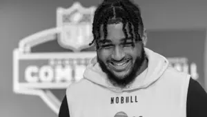  Marshawn Kneeland #DL41 of the Western Michigan Broncos speaks to the media during the 2024 NFL Draft