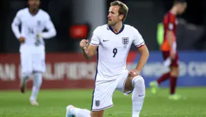 Harry Kane of England celebrates scoring his team's second goal during the FIFA World Cup 2026 qualifier match