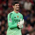 Thibaut Courtois of Real Madrid reacts during the UEFA Champions League 2025/26 
