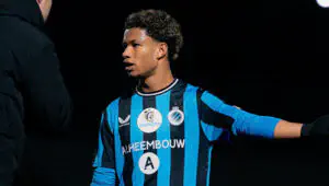 Club Brugge coach Ivan Leko rebukes South Africa's Shandre Campbell after the player's red card in his team's 2-0 loss in Belgium