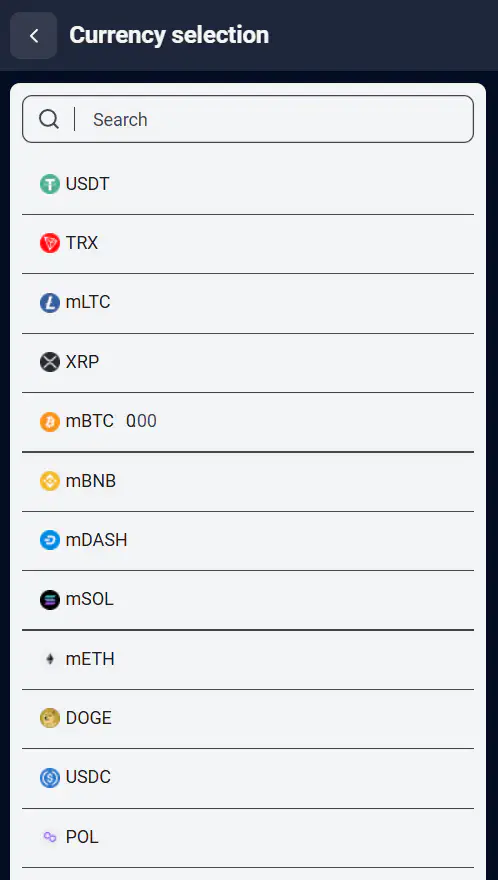 Currency Selection at 1xBit