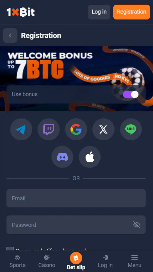 Sign Up on 1xBit