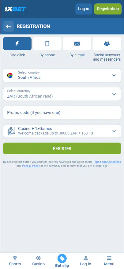 Registration at 1xBet Casino