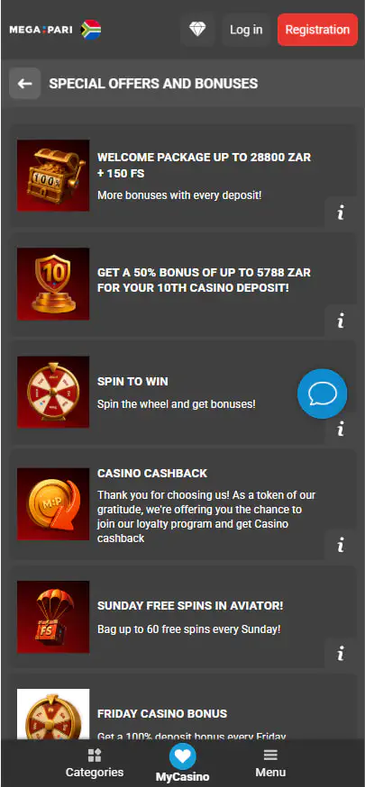 Bonuses at Megapari Casino