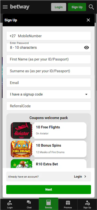 Registration at Betway Casino