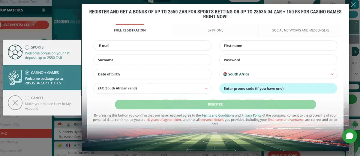 Registration at 22Bet Casino
