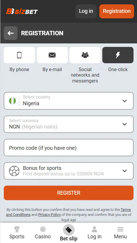 Registration at BizBet App