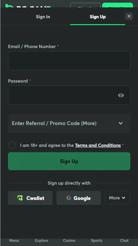 Registration at BC.Game App